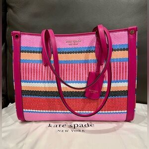 NWT! Kate Spade Market Striped Woven Straw
Medium Tote, Wild Raspberry